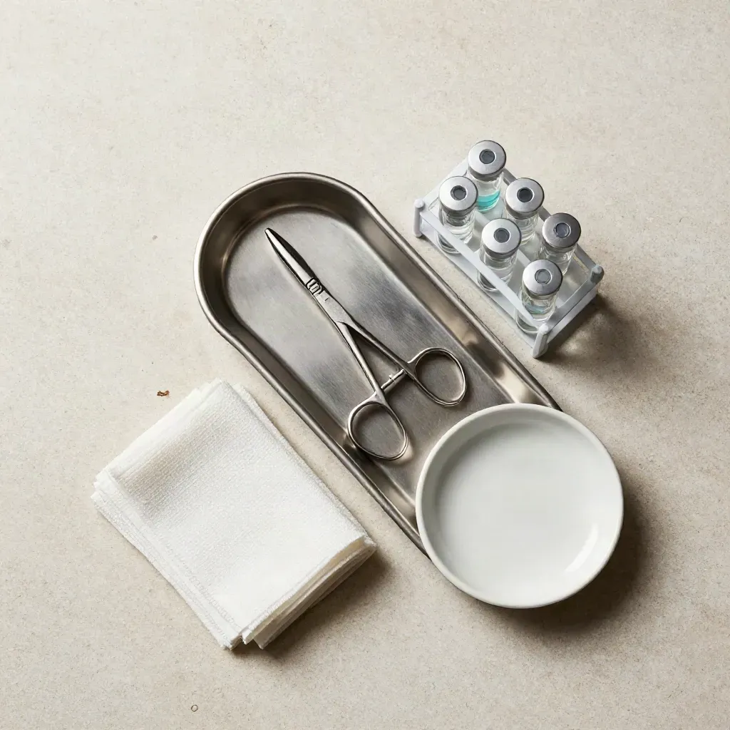Top-down medical tray with clamp, vial rack, gauze and ceramic dish on pale stone.