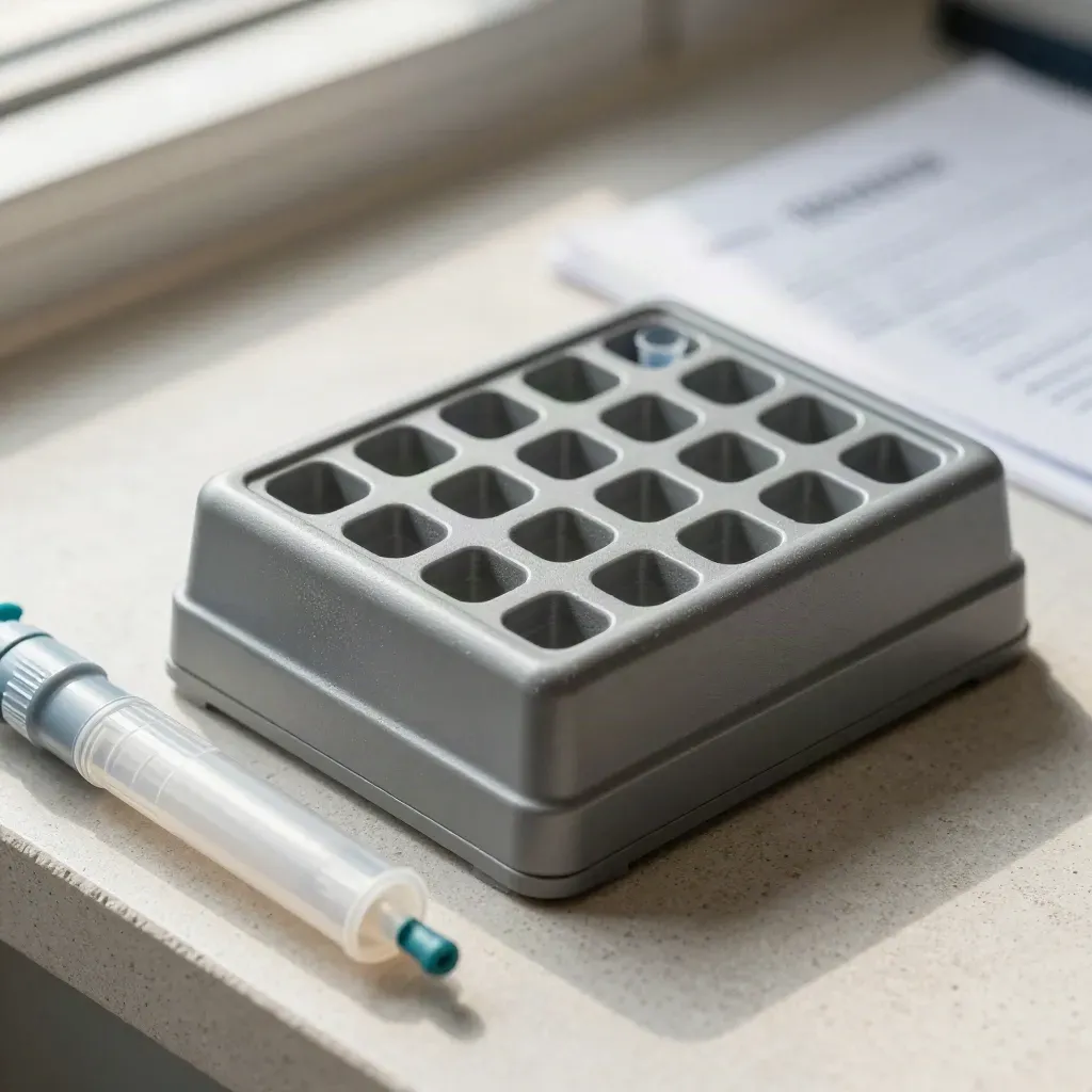Macro of a lab tube rack, pipette tip box and sample holder on cool stone.