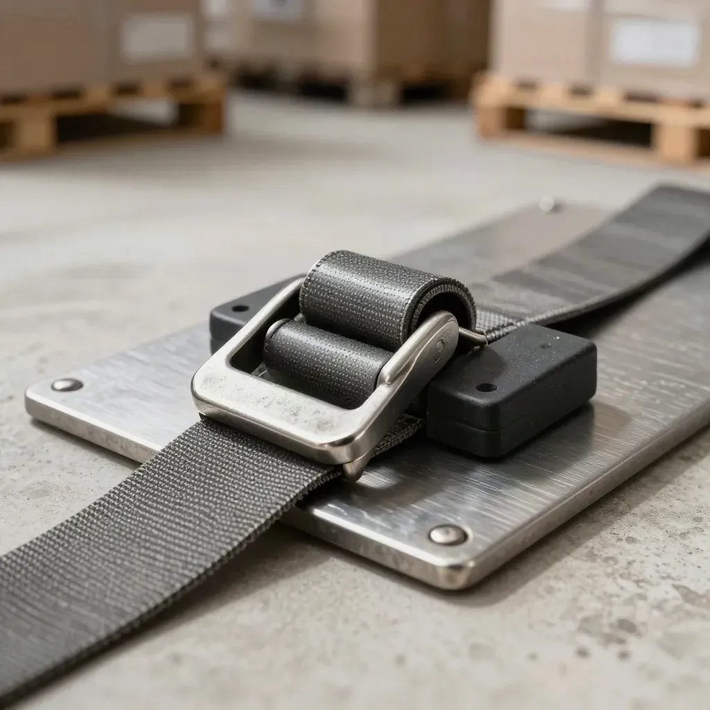 Freight strap buckle, corner protector, clip and rubber wedge on brushed metal