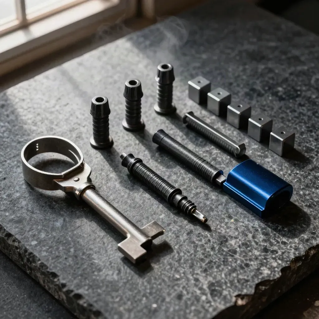 Rail fasteners, clamp, key and spacers arranged diagonally on dark stone under hard light.