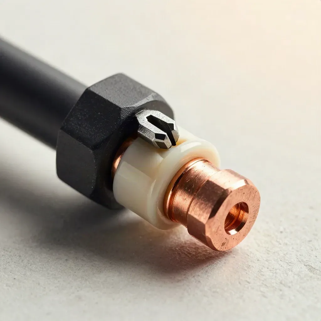 Extreme macro of electrical connector parts seating together on a pale concrete surface.