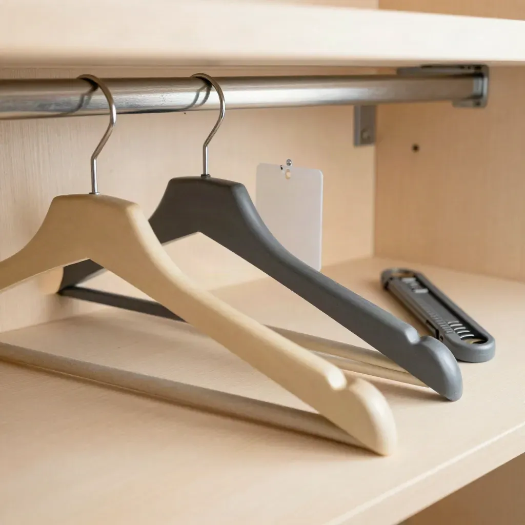Retail hanger, security tag shell, shelf bracket and cutter sleeve on pale wood in close-up.