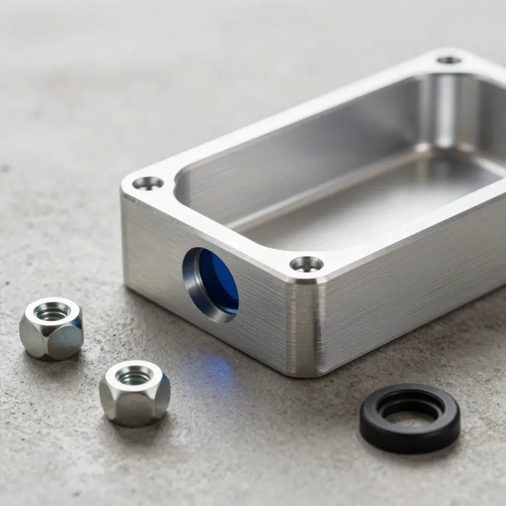 Aluminum prototype enclosure shell with fasteners and a cable grommet on concrete
