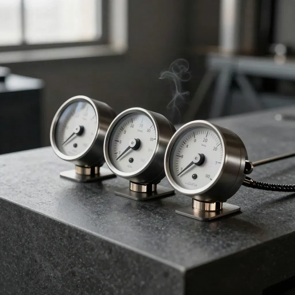 Three brushed-metal dials in a compact housing on a graphite stone plinth, lit dramatically.