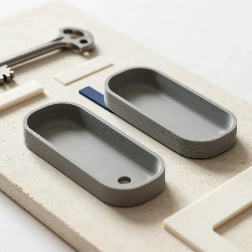 3D-printed prototype shells and foam gasket offcuts on pale stone under hard studio light.