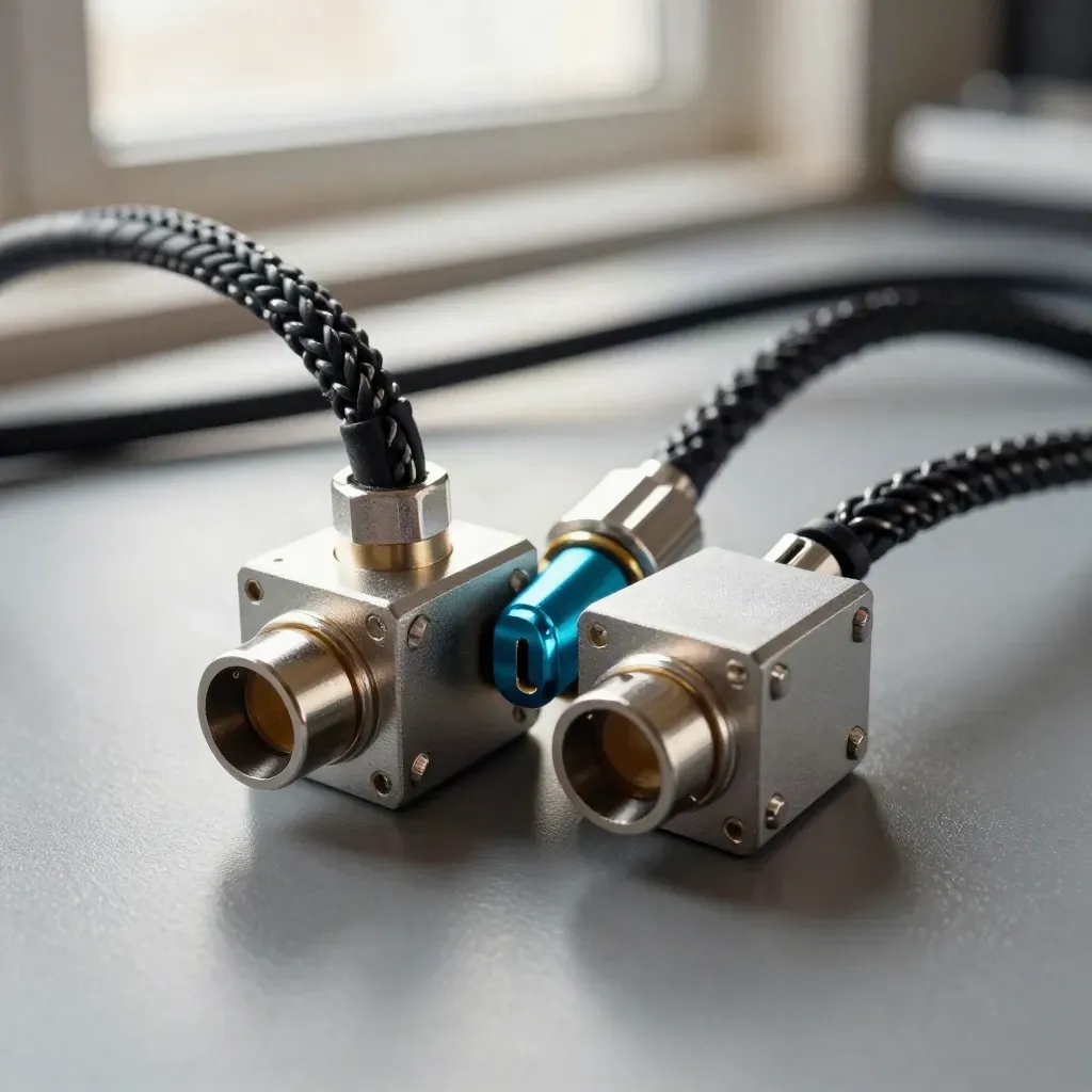 Macro of two connector blocks linked by braided patch leads on a graphite surface