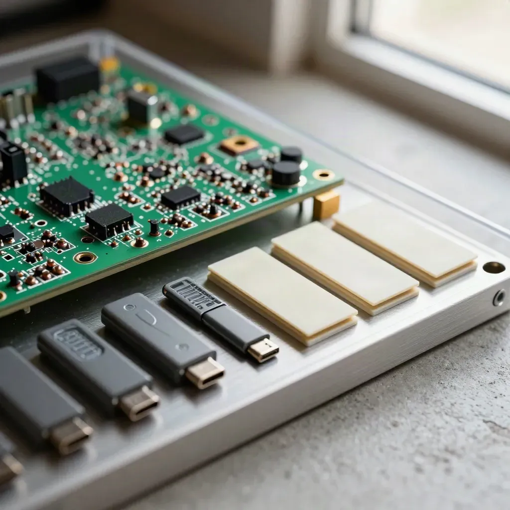 Extreme macro still life of prototype boards, USB-C dongles and enclosure shells on a concrete bench.