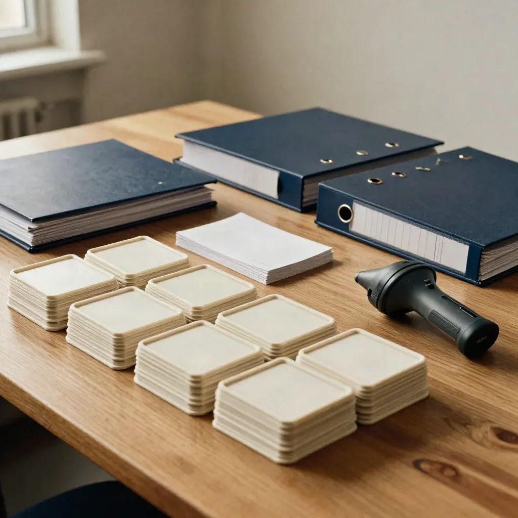 Parts trays, binders and a face-down scanner on a warm worktable in soft industrial haze.