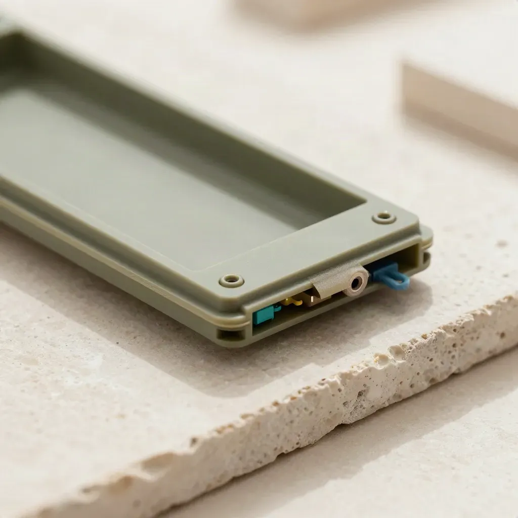 Macro of a snapped prototype enclosure shell with foam pads and a test board corner