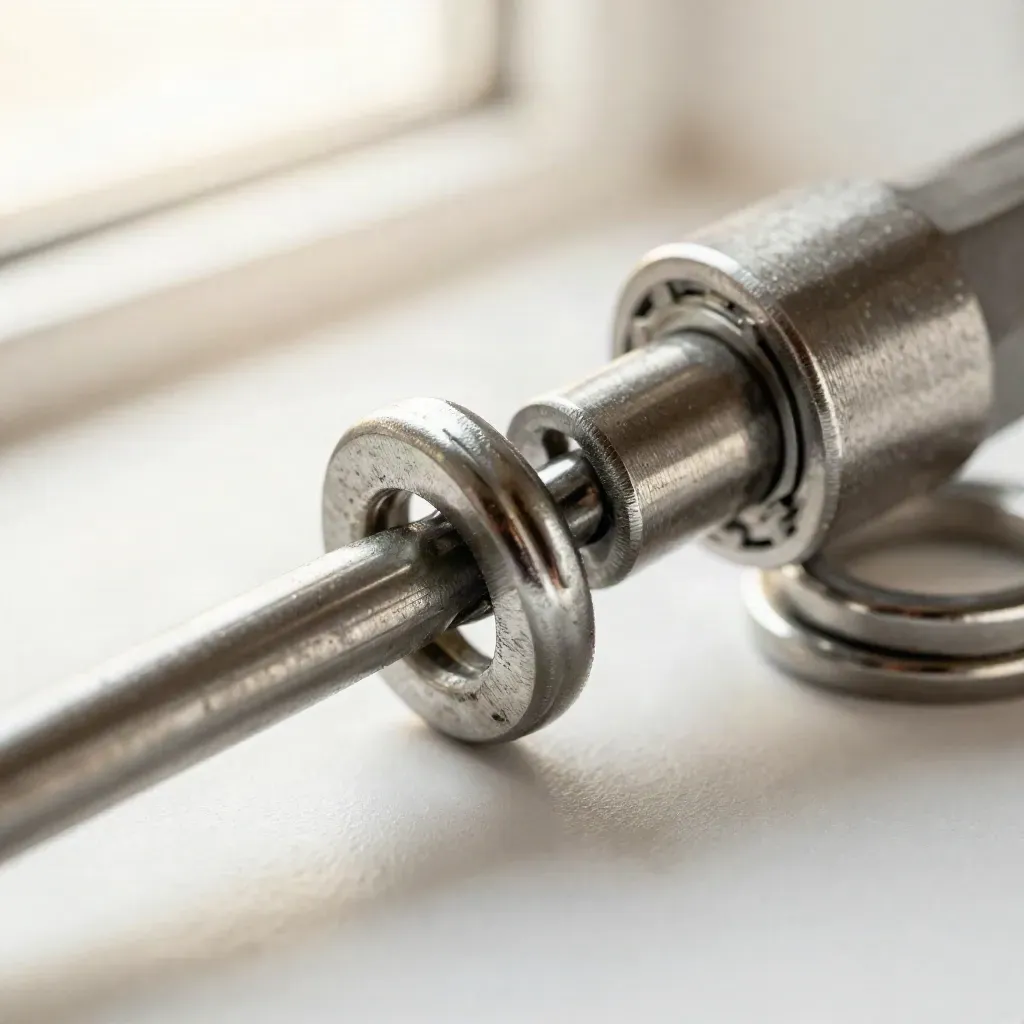 Macro of linked metal rings and a cable chain passing through a brushed steel coupler.