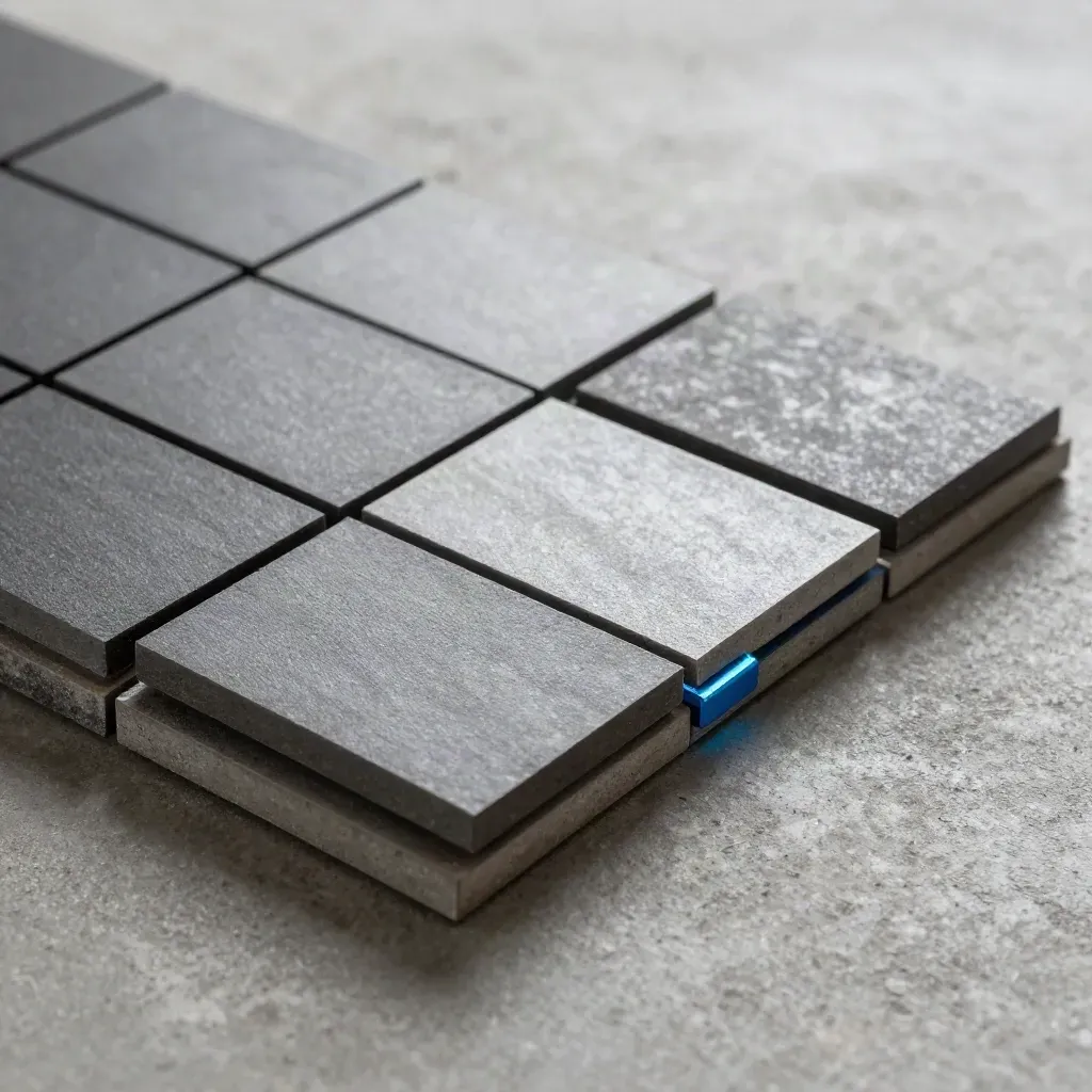 Graphite tiles and shims locking into a precise grid on cool concrete
