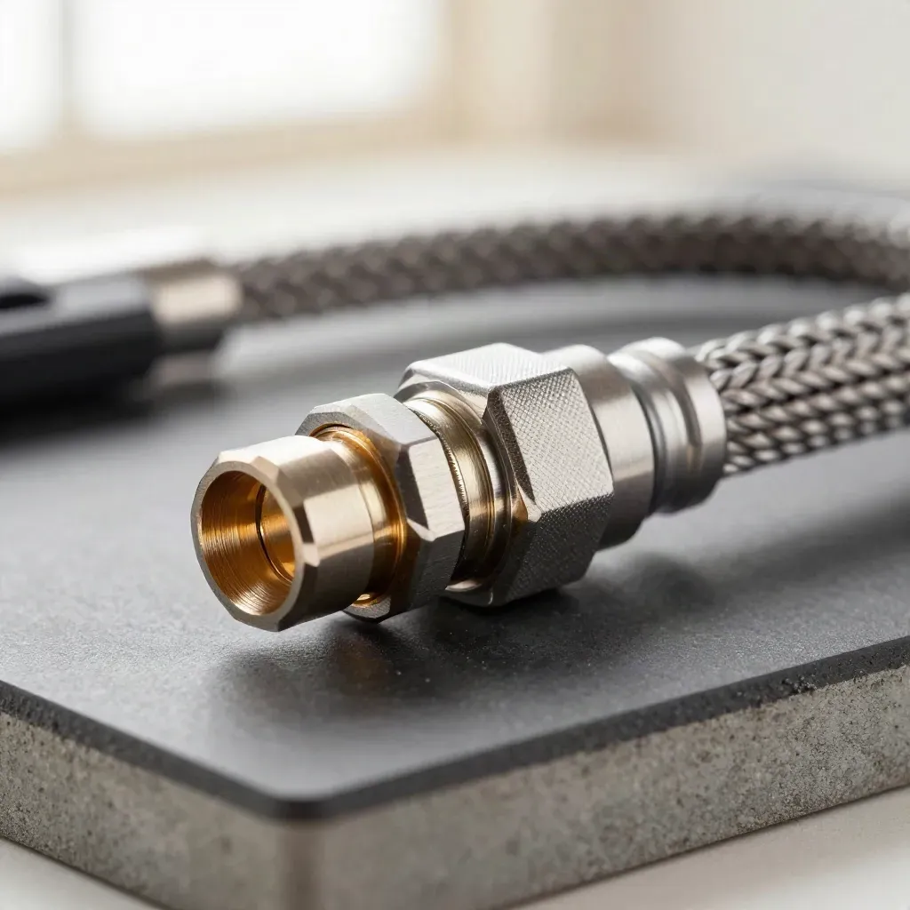 Macro of a braided metal connector clicking into a tidy coupling sleeve on graphite.